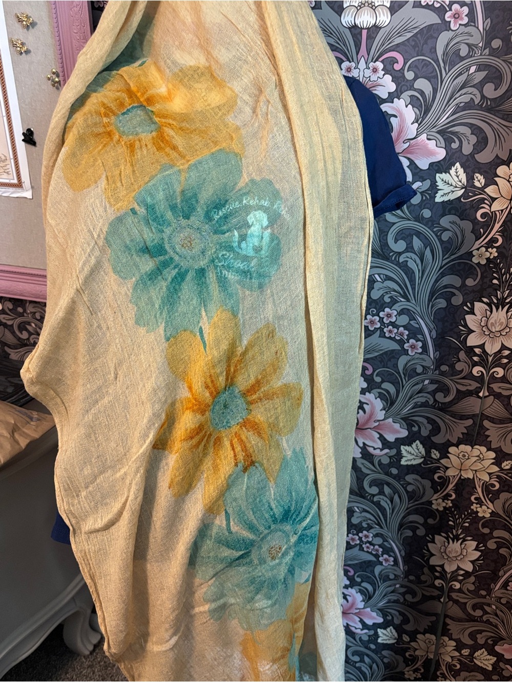 Hand painted linen/silk floral scarf -72”x30”